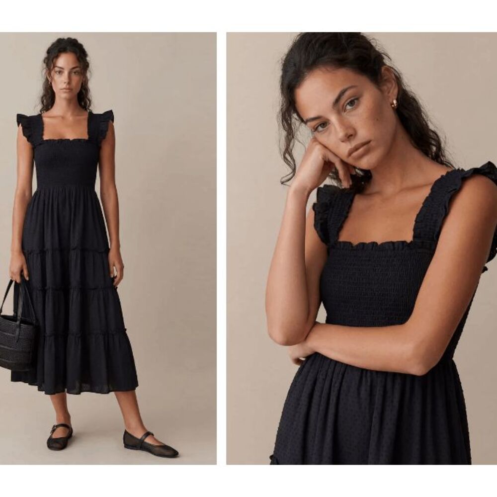 KOURT‎ Calypso Black Dot Tiered Maxi Dress Smocked Top Sleeveless Size XS